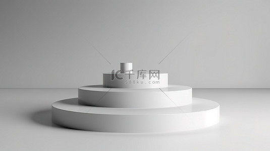 3D 渲染中白色背景上带有空圆柱台阶的时尚讲台