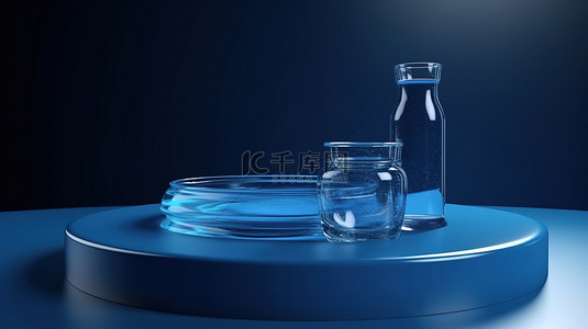 化妆品水彩背景图片_水生 3D 讲台渲染蓝色展示架，用于在水上展示化妆品