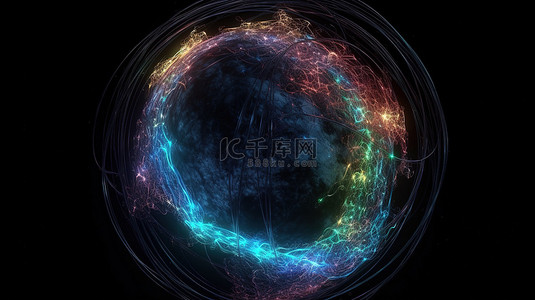地球粒子科技背景图片_3d 渲染中霓虹地球周围的宇宙星云和漩涡