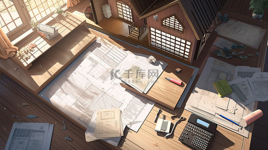 木质表面上的房屋模型，带有抵押贷款申请计算器和蓝图 3D 渲染
