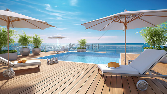 木地板泳池露台的 3D 渲染，配有藤条日光浴床织物伞和令人惊叹的海景