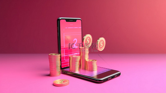 3D 渲染概念手机，带有图形硬币和粉红色背景上的向上箭头，象征加密或股票投资增长