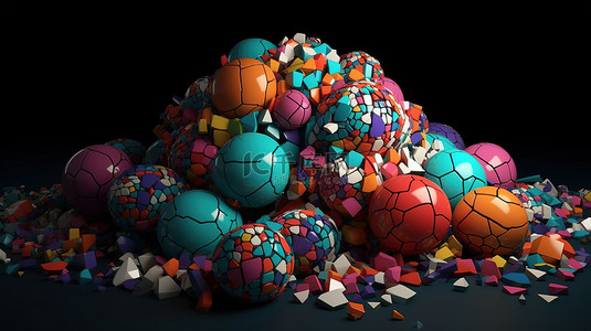 3D 渲染中彩色抽象马赛克片，带有裂纹球和球体表面