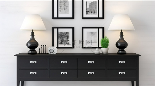 客厅白色背景图片_白色框架图片台灯和黑色抽屉柜的 3D 渲染