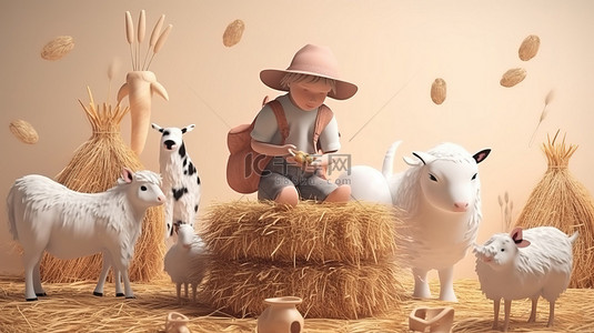 卡通开心的动物背景图片_一个小孩戴着草帽照顾农场动物的 3D 插图