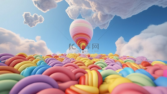 粉红色卡通气球背景图片_令人惊叹的 3D 渲染中充满活力的彩虹粉彩气球和云彩