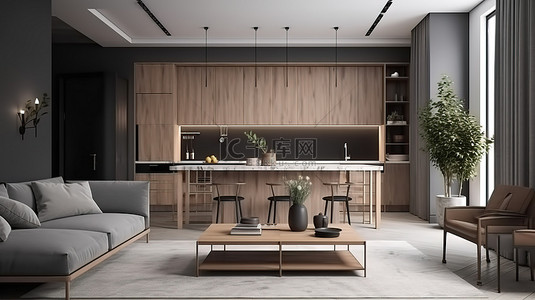 用天然彩色木材装饰的现代豪华客厅和厨房的 3D 渲染