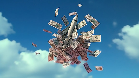一送一背景图片_蓝天背景下空中无人机的钱雨 3D 插图