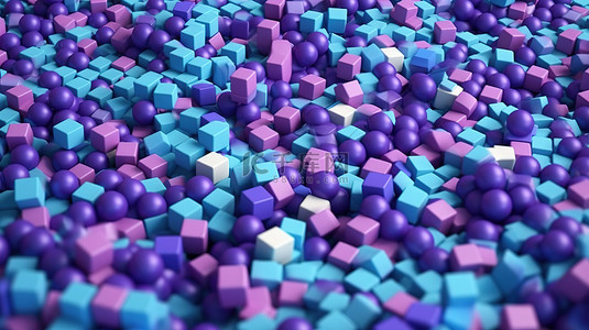 蓝色平面设计背景图片_抽象 3D 渲染展示了一组中的大量紫色和蓝色立方体和球