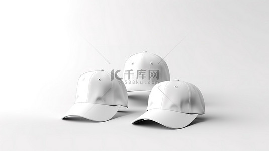 多功能白色帽子或帽子样机在干净的白色背景上的各个位置展示逼真的 3D 视觉效果