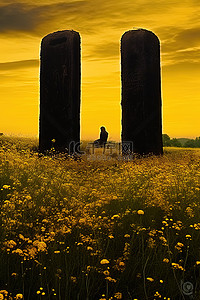 一个男人坐在黄色花田拱门下的图像