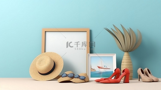 相框模型的 3D 渲染，以蓝色背景上的夏季海滩配件为特色，并具有充足的复制空间