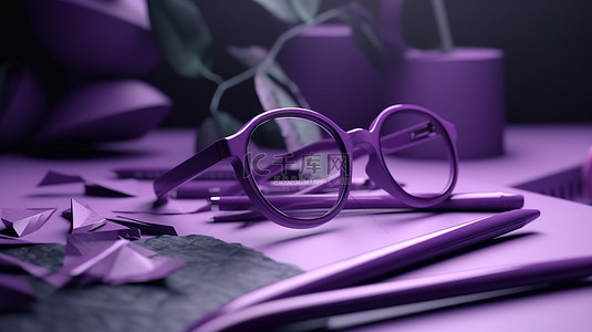 空白纸眼镜和一支笔漂浮在迷人的抽象紫色和紫色景观 3D 渲染中