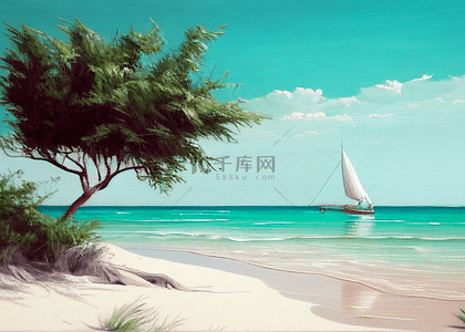 油画光背景图片_夏季海滩油画帆船背景