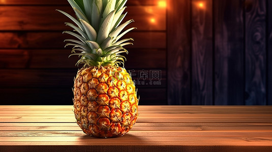 食用酥油背景图片_新鲜采摘并准备在木桌上食用的营养菠萝果实的 3D 渲染