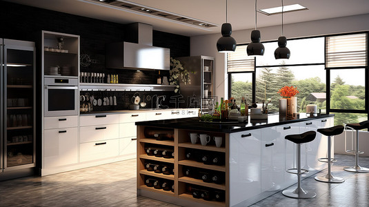 现代黑白陶瓷厨房设计搭配卡布奇诺色调，点缀新鲜水果