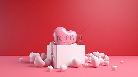 情人节红心和白色礼品盒的浪漫 3D 插图漂浮在粉红色背景上，以 3D 渲染