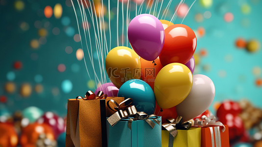 彩色气球礼盒背景图片_假日购物盛宴彩色气球包装礼物和空间为您的消息 3D 插图