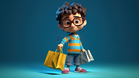 萌娃童装背景图片_一个孩子提着购物袋的搞笑 3D 卡通
