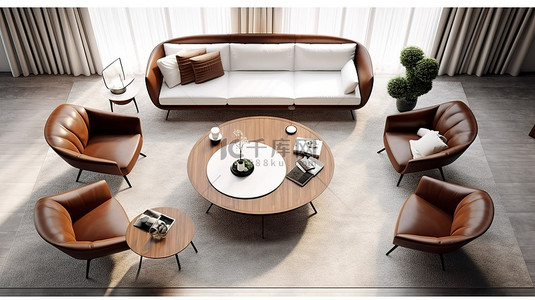 时尚客厅工作室的顶视图 3D 渲染，配有舒适的扶手椅和咖啡桌
