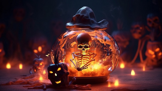 怪异的万圣节场景，以墓地骨头女巫的大锅灯笼和 3D 幽灵为特色