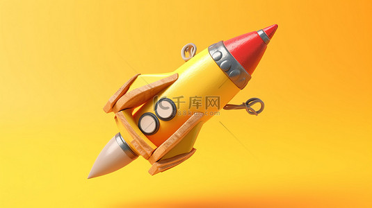 在充满活力的黄色背景上用木制弹弓发射的儿童玩具火箭的 3D 渲染