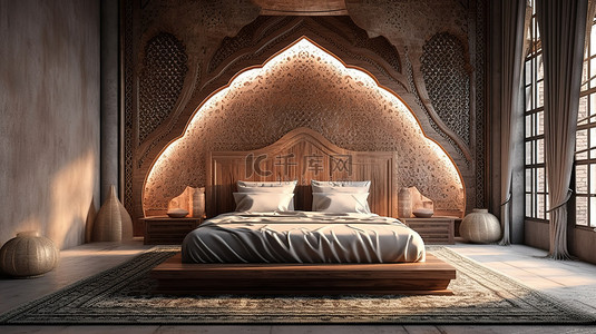 豪华的中东风格卧室，配有复杂的木雕和一张带木制床头板 3D 渲染的宽敞床