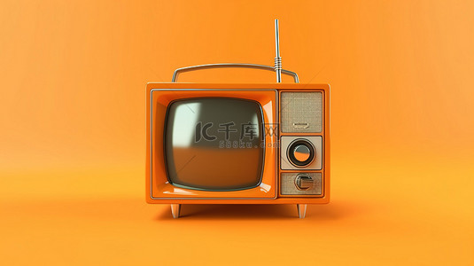 视频背景图片_充满活力的橙色背景上的孤立复古老式电视 3D 渲染经典金色电视