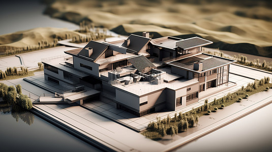 规划背景图片_住宅建筑模型叠加在 3D 蓝图上