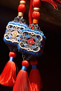 带有红色和蓝色流苏的中国幽灵灯笼