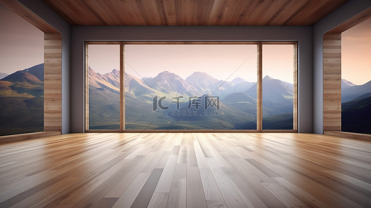 3d 渲染的山景木地板房间