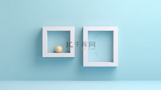 银蓝背景图片_模型模板中带有两个银框空白方形框架的蓝色柔和背景的 3D 渲染