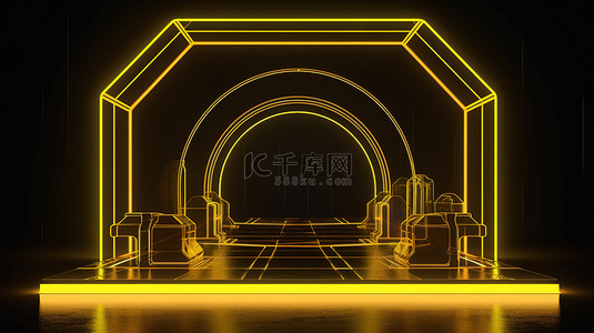 3d 渲染中的黄色霓虹灯框科幻舞台