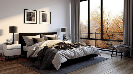 黑卧室背景图片_斯堪的纳维亚卧室的 3D 渲染，配有宽敞的窗户和优雅的黑木家具