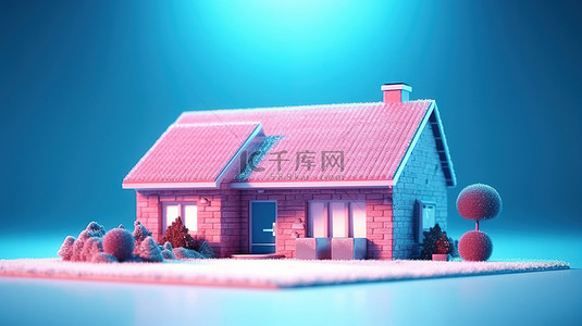 时尚的双色调家庭小屋，粉红砖砌成，蓝色背景令人惊叹的 3D 渲染