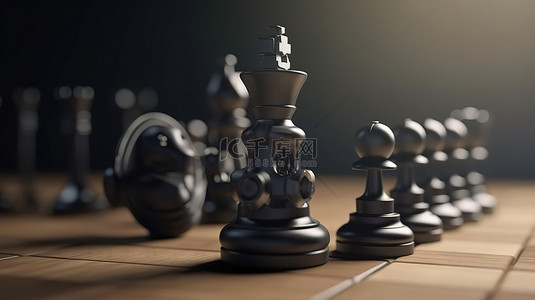 带麦克风的逼真国际象棋棋子国王车和士兵棋子的插图 3D 渲染