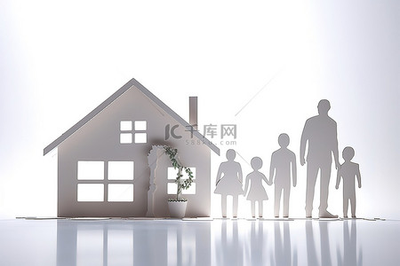白色家庭站在闪亮背景的家居模型前