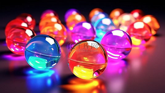 黑红色发光背景背景图片_3D 光谱中的发光玻璃球充满活力的圆形糖果