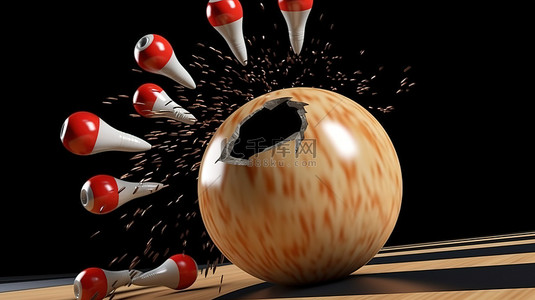 保龄球与孤立的球瓶碰撞的 3D 插图