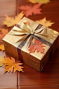 秋天树叶的背景图片_上面有秋天树叶的棕色礼盒