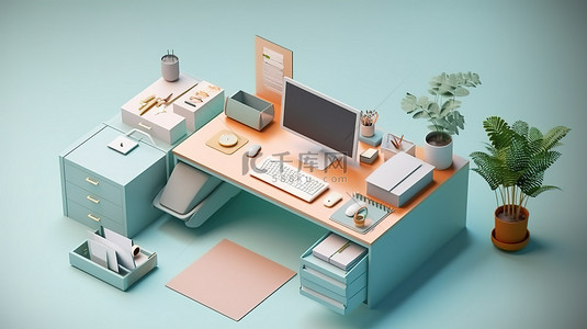 清洁用品活动背景图片_带计算机和办公用品的家庭办公室的顶视图 3D 插图