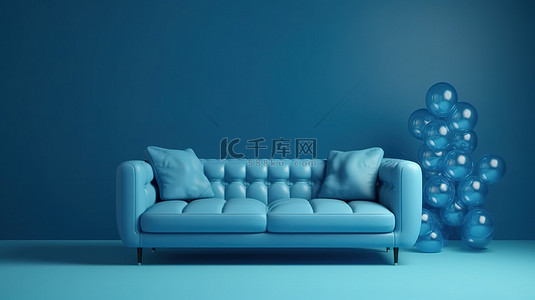 舒适的 3D 沙发，配有蓝色注入的家居室内主题 3D 渲染插图