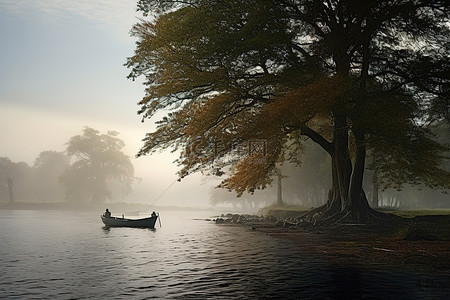 湖上游船卡通背景图片_水面上的小船，周围环绕着树木