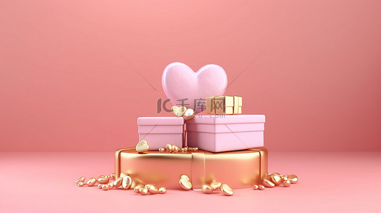 情人节礼品盒，粉红色背景上有金色的心 3D 渲染插图