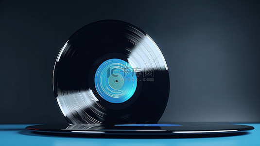 唱片公司背景图片_蓝色背景突出了 3D 渲染的黑胶唱片