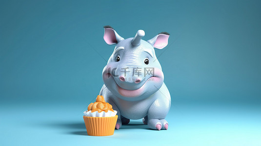 可爱的 3D 犀牛角色用角抓着纸杯蛋糕