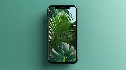 手机绿色背景背景图片_带有龟背竹叶样机的智能手机的 3D 插图