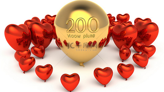 孤立的白色背景令人惊叹的金色 2000 名追随者谢谢你在 3d 中配有 2k 心形和红色气球