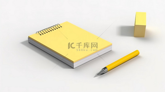 白色背景上带有笔和键盘的空白便条纸的 3D 渲染，提供充足的复制空间