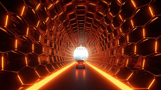 交通 3D 渲染中闪烁六边形的隧道插图